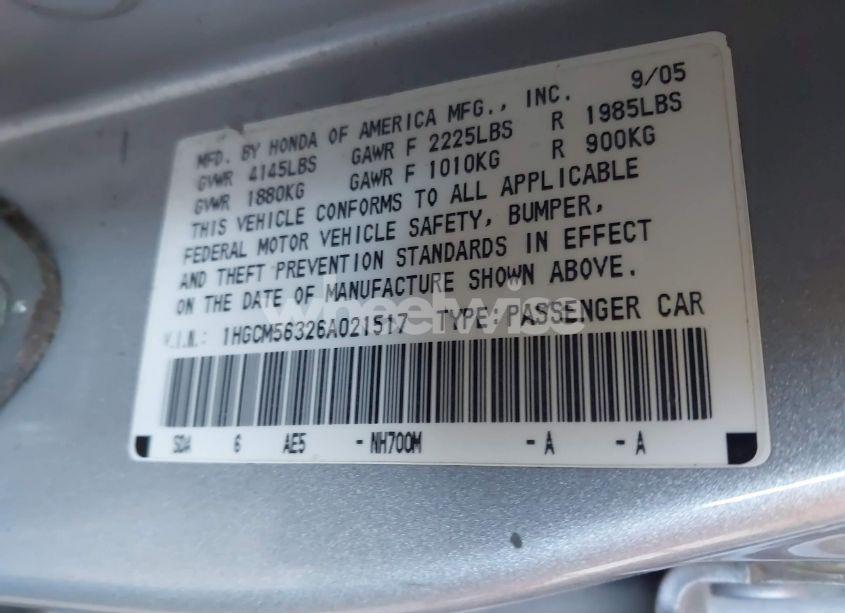 Photo 9 of 2006 Honda Accord 2.4 SE (VIN 1HGCM56326A021517)