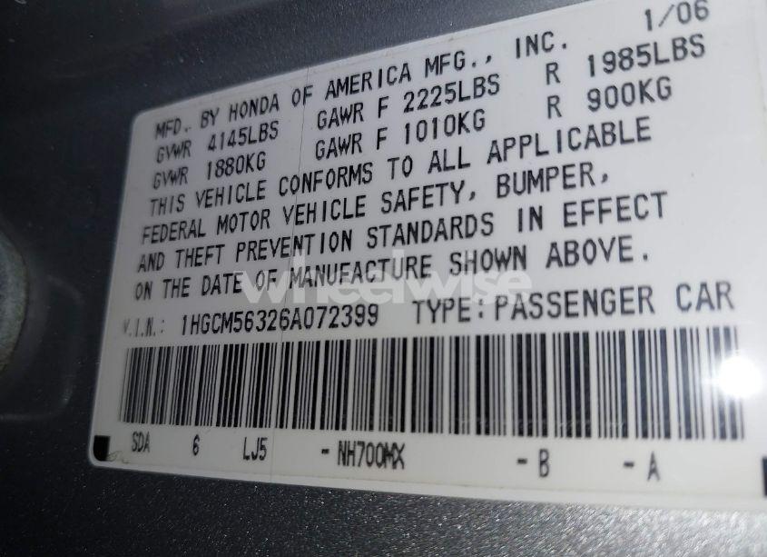 Photo 9 of 2006 Honda Accord 2.4 SE (VIN 1HGCM56326A072399)