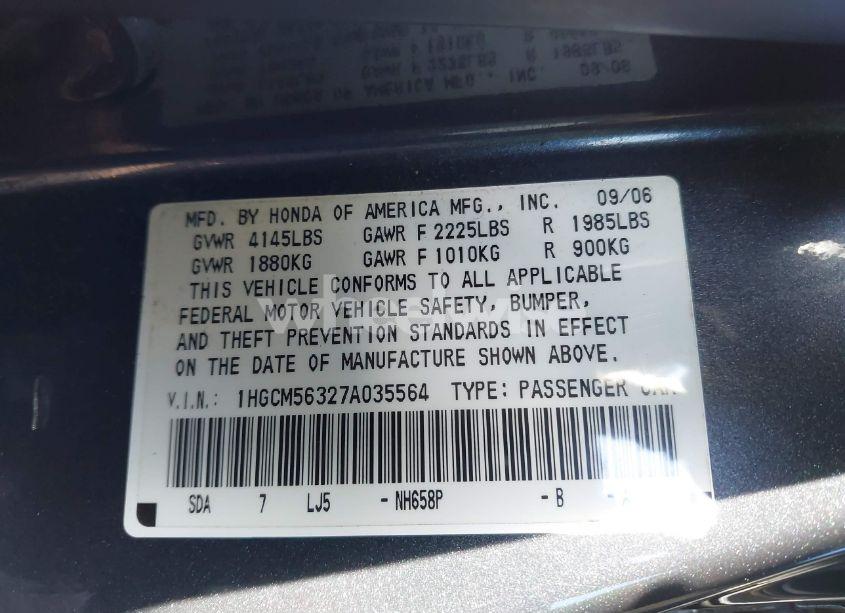 Photo 9 of 2007 Honda Accord 2.4 SE (VIN 1HGCM56327A035564)