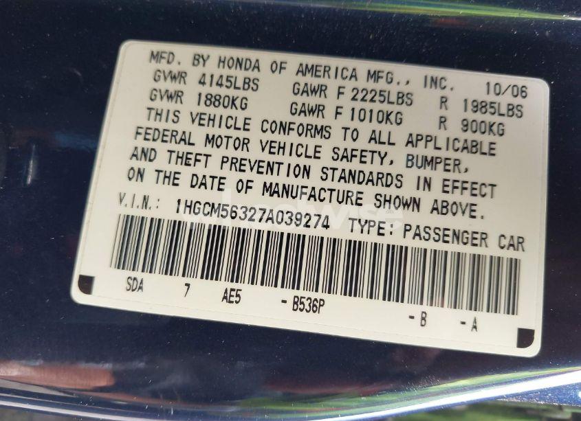 Photo 9 of 2007 Honda Accord 2.4 SE (VIN 1HGCM56327A039274)