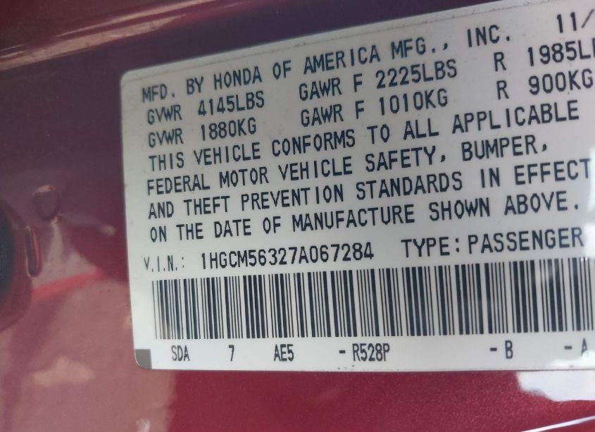 Photo 9 of 2007 Honda Accord 2.4 SE (VIN 1HGCM56327A067284)