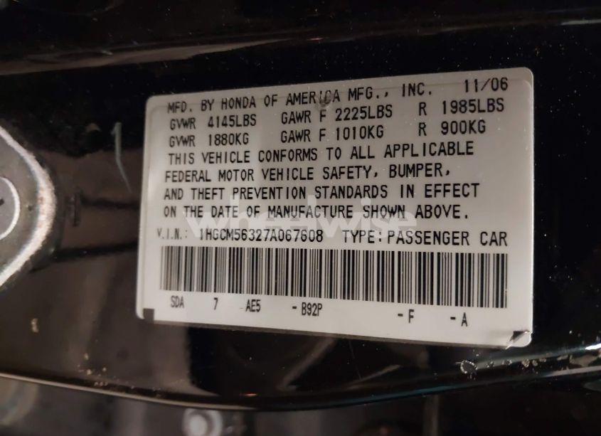 Photo 9 of 2007 Honda Accord 2.4 SE (VIN 1HGCM56327A067608)