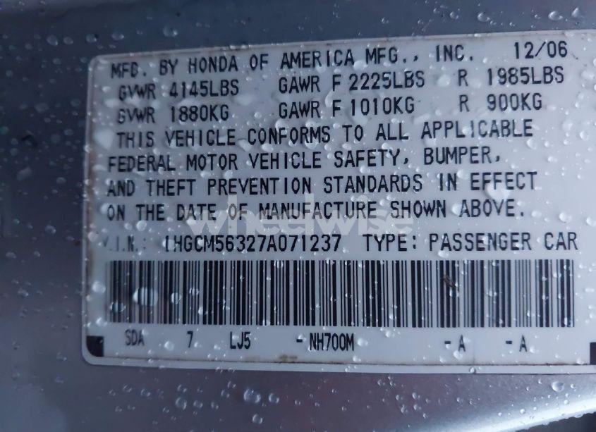 Photo 9 of 2007 Honda Accord 2.4 SE (VIN 1HGCM56327A071237)