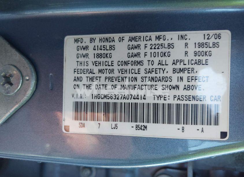 Photo 9 of 2007 Honda Accord 2.4 SE (VIN 1HGCM56327A074414)