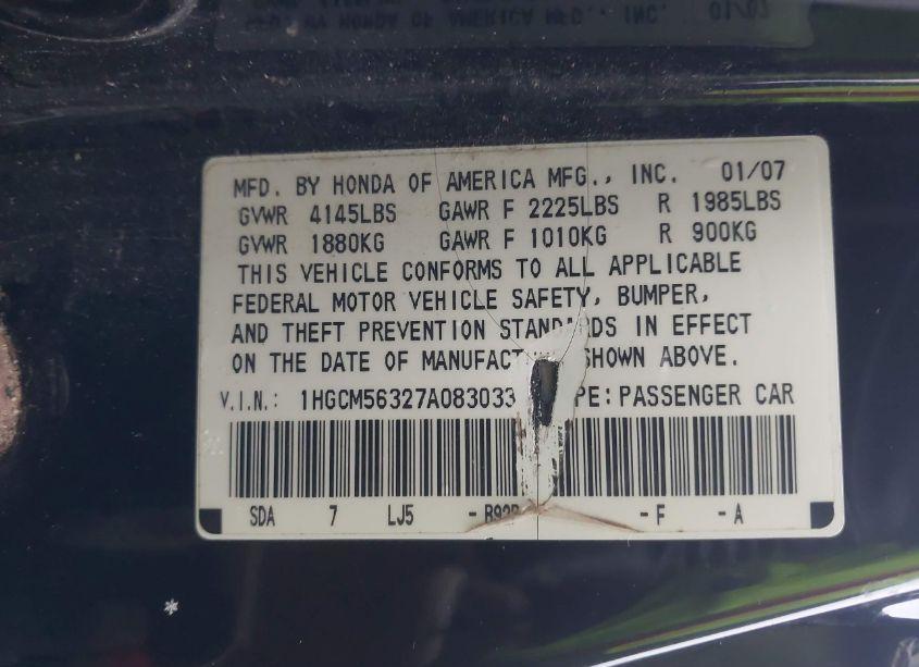 Photo 9 of 2007 Honda Accord 2.4 SE (VIN 1HGCM56327A083033)