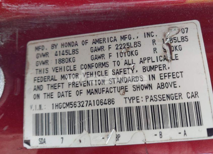 Photo 9 of 2007 Honda Accord 2.4 SE (VIN 1HGCM56327A106486)