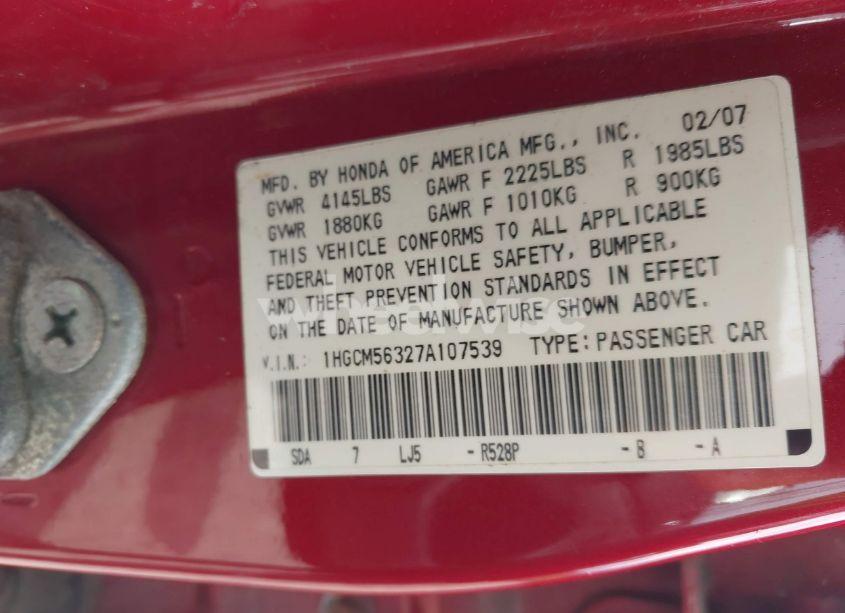 Photo 9 of 2007 Honda Accord 2.4 SE (VIN 1HGCM56327A107539)