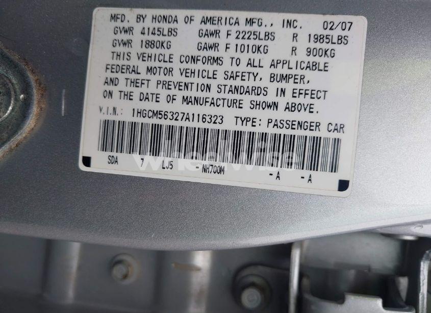 Photo 9 of 2007 Honda Accord 2.4 SE (VIN 1HGCM56327A116323)
