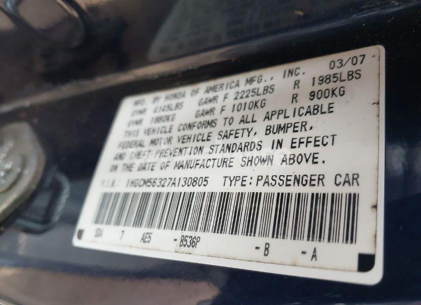 Photo 9 of 2007 Honda Accord 2.4 SE (VIN 1HGCM56327A130805)