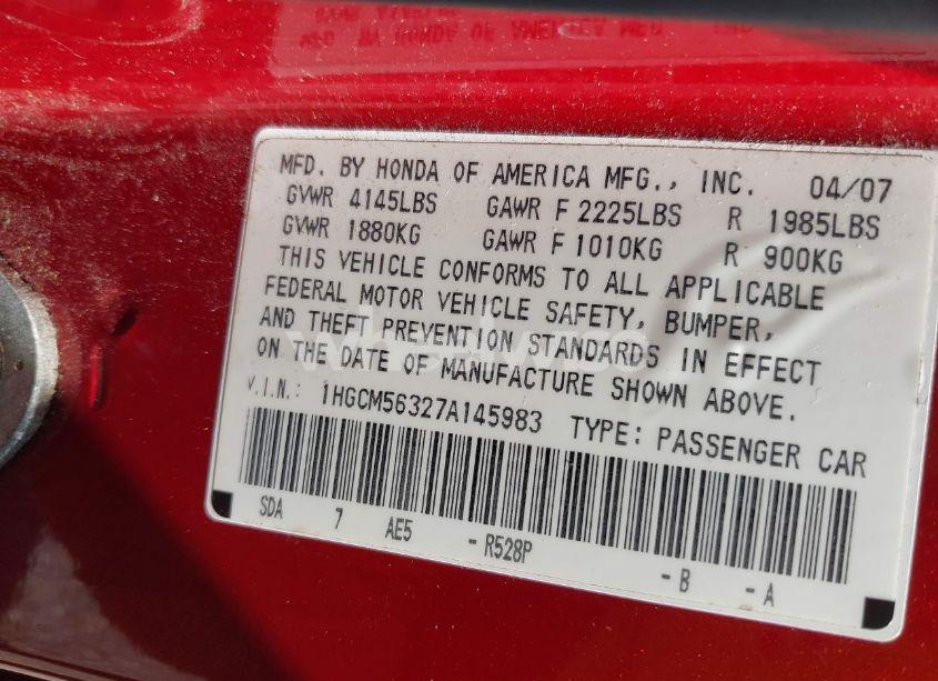 Photo 9 of 2007 Honda Accord 2.4 SE (VIN 1HGCM56327A145983)