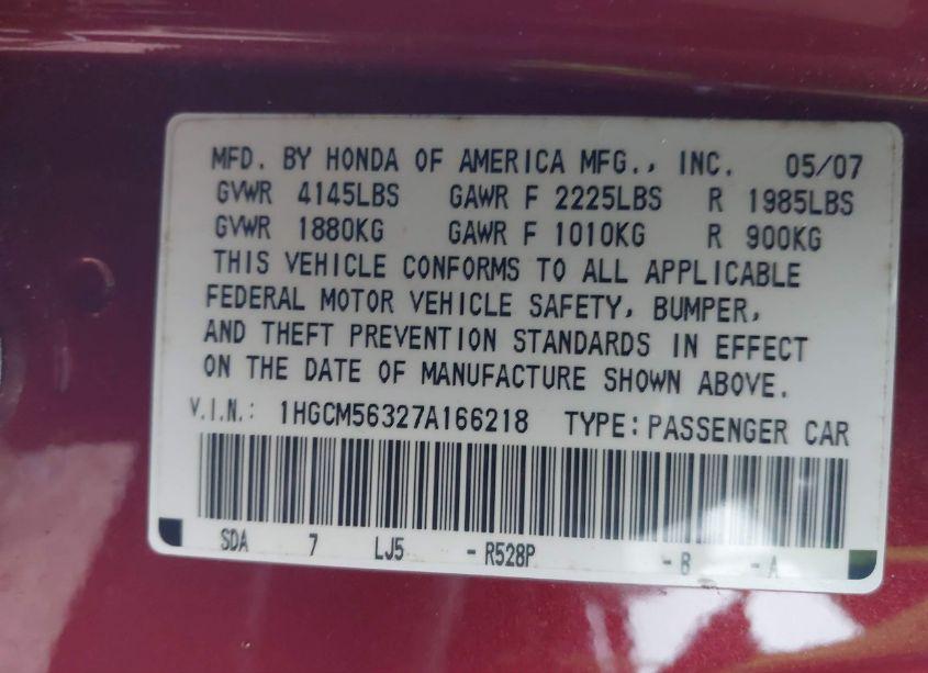 Photo 9 of 2007 Honda Accord 2.4 SE (VIN 1HGCM56327A166218)