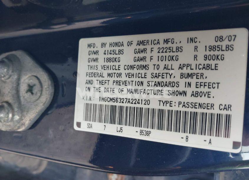 Photo 9 of 2007 Honda Accord 2.4 SE (VIN 1HGCM56327A224120)