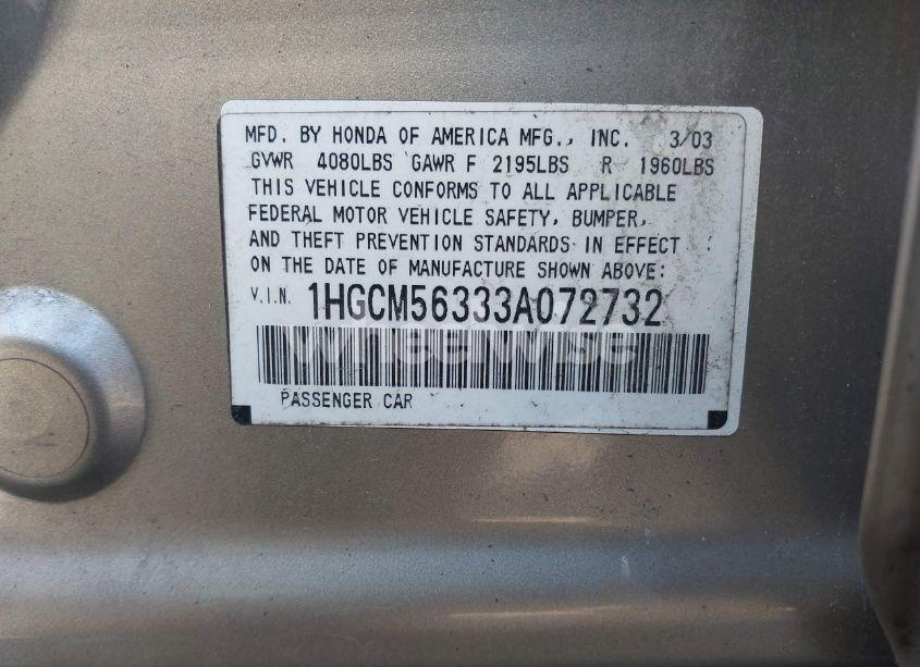 Photo 9 of 2003 Honda Accord 2.4 LX (VIN 1HGCM56333A072732)