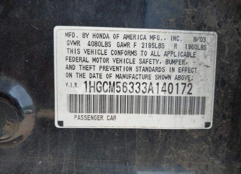 Photo 9 of 2003 Honda Accord 2.4 LX (VIN 1HGCM56333A140172)