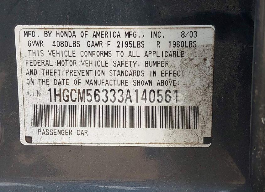 Photo 9 of 2003 Honda Accord 2.4 LX (VIN 1HGCM56333A140561)