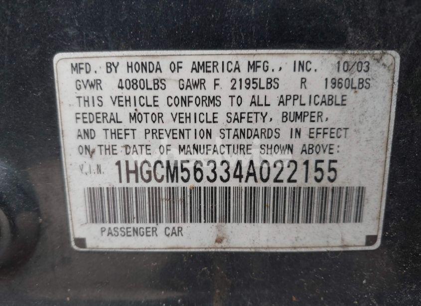 Photo 9 of 2004 Honda Accord 2.4 LX (VIN 1HGCM56334A022155)