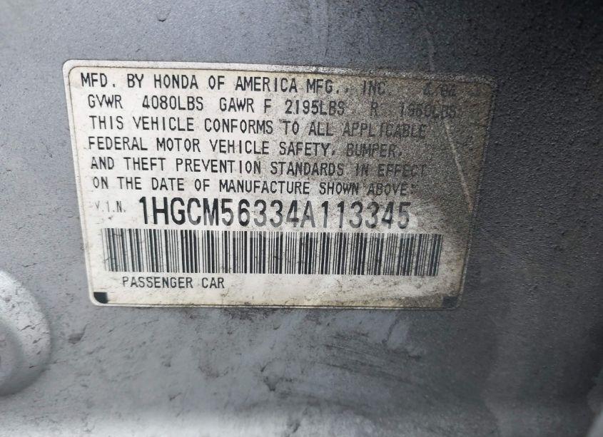 Photo 9 of 2004 Honda Accord 2.4 LX (VIN 1HGCM56334A113345)