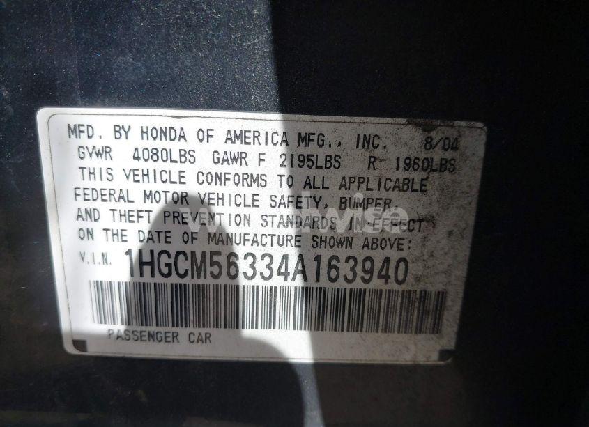 Photo 9 of 2004 Honda Accord 2.4 LX (VIN 1HGCM56334A163940)