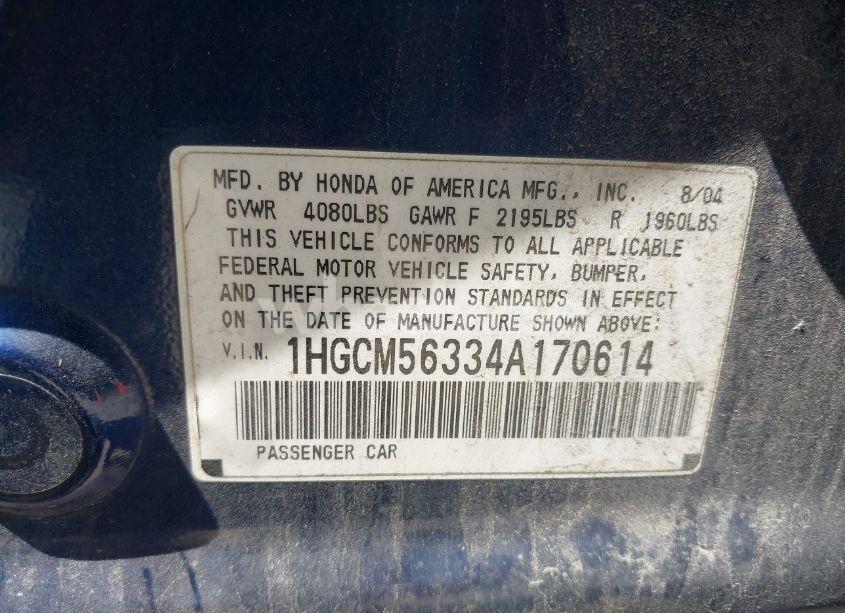 Photo 9 of 2004 Honda Accord 2.4 LX (VIN 1HGCM56334A170614)