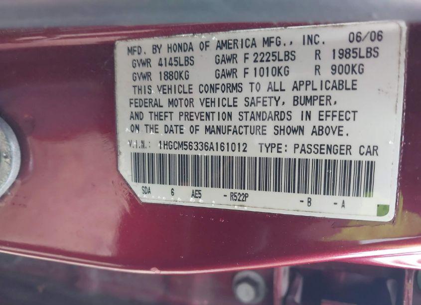 Photo 9 of 2006 Honda Accord 2.4 SE (VIN 1HGCM56336A161012)