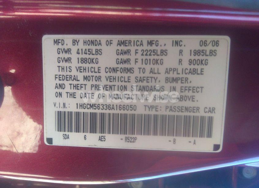 Photo 9 of 2006 Honda Accord 2.4 SE (VIN 1HGCM56336A166050)