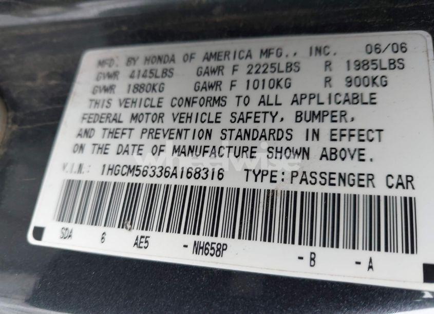 Photo 9 of 2006 Honda Accord 2.4 SE (VIN 1HGCM56336A168316)