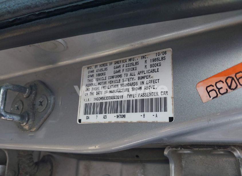 Photo 9 of 2007 Honda Accord 2.4 SE (VIN 1HGCM56337A043219)