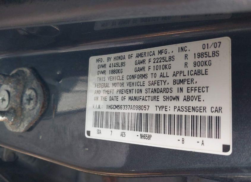 Photo 9 of 2007 Honda Accord 2.4 SE (VIN 1HGCM56337A098057)