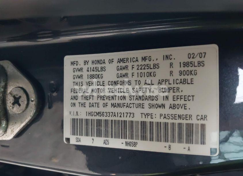 Photo 9 of 2007 Honda Accord 2.4 SE (VIN 1HGCM56337A121773)