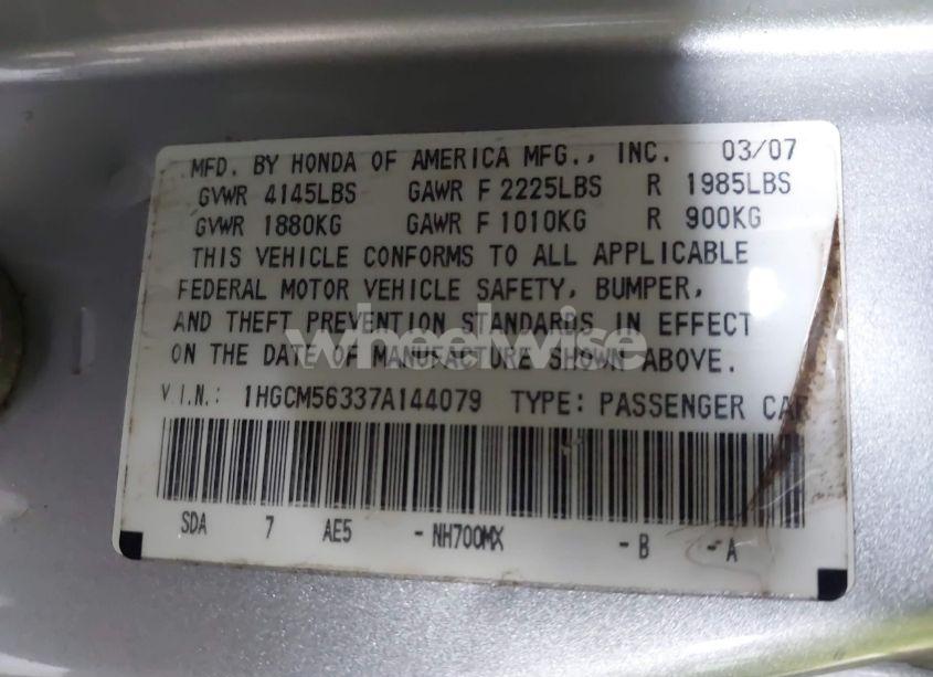 Photo 9 of 2007 Honda Accord 2.4 SE (VIN 1HGCM56337A144079)