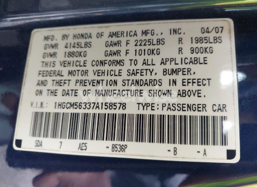 Photo 9 of 2007 Honda Accord 2.4 SE (VIN 1HGCM56337A158578)