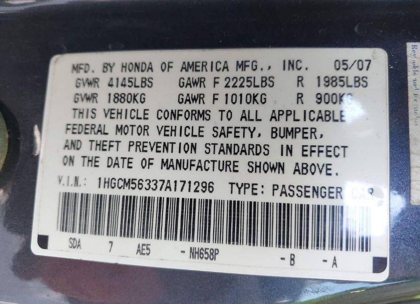 Photo 9 of 2007 Honda Accord 2.4 SE (VIN 1HGCM56337A171296)