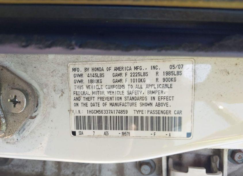 Photo 9 of 2007 Honda Accord 2.4 SE (VIN 1HGCM56337A174859)