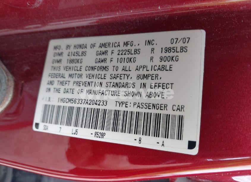Photo 9 of 2007 Honda Accord 2.4 SE (VIN 1HGCM56337A204233)