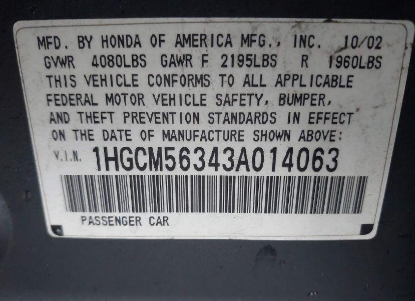 Photo 9 of 2003 Honda Accord 2.4 LX (VIN 1HGCM56343A014063)