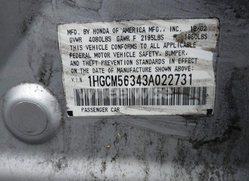 Photo 9 of 2003 Honda Accord 2.4 LX (VIN 1HGCM56343A022731)