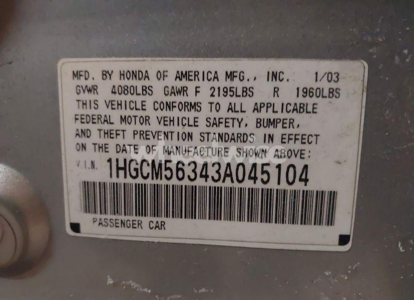 Photo 9 of 2003 Honda Accord 2.4 LX (VIN 1HGCM56343A045104)
