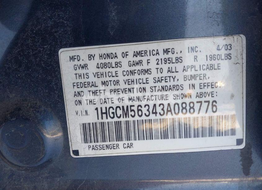 Photo 9 of 2003 Honda Accord 2.4 LX (VIN 1HGCM56343A088776)