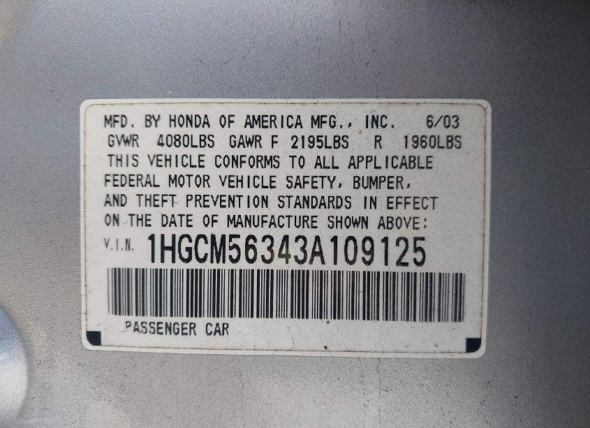Photo 9 of 2003 Honda Accord 2.4 LX (VIN 1HGCM56343A109125)