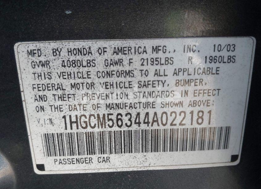 Photo 9 of 2004 Honda Accord 2.4 LX (VIN 1HGCM56344A022181)