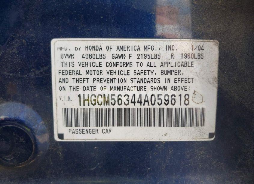 Photo 9 of 2004 Honda Accord 2.4 LX (VIN 1HGCM56344A059618)