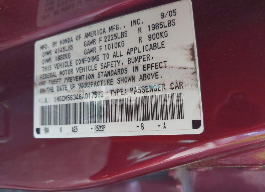 Photo 9 of 2006 Honda Accord 2.4 SE (VIN 1HGCM56346A017582)