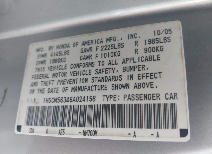 Photo 9 of 2006 Honda Accord 2.4 SE (VIN 1HGCM56346A024158)