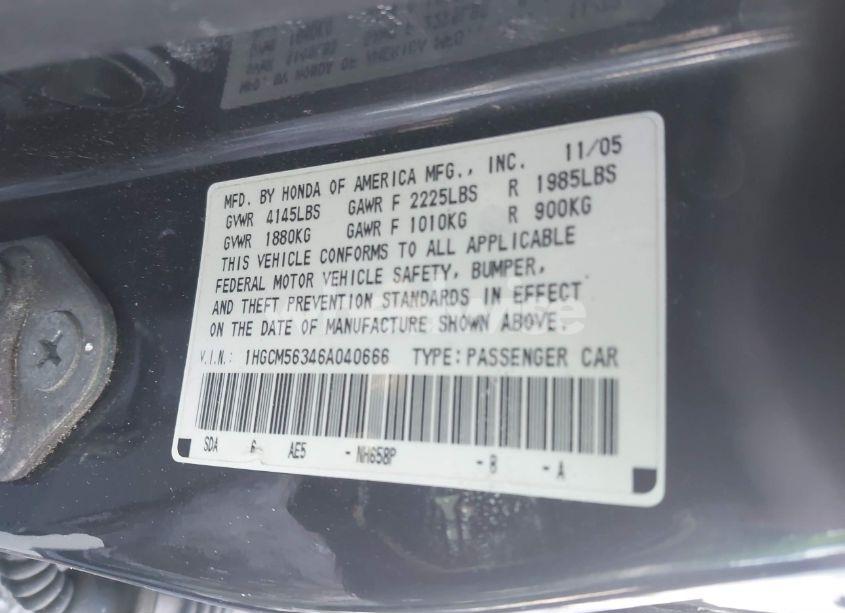 Photo 9 of 2006 Honda Accord 2.4 SE (VIN 1HGCM56346A040666)