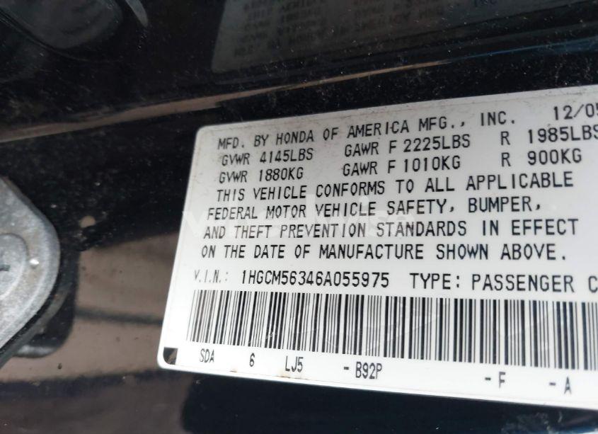 Photo 9 of 2006 Honda Accord 2.4 SE (VIN 1HGCM56346A055975)
