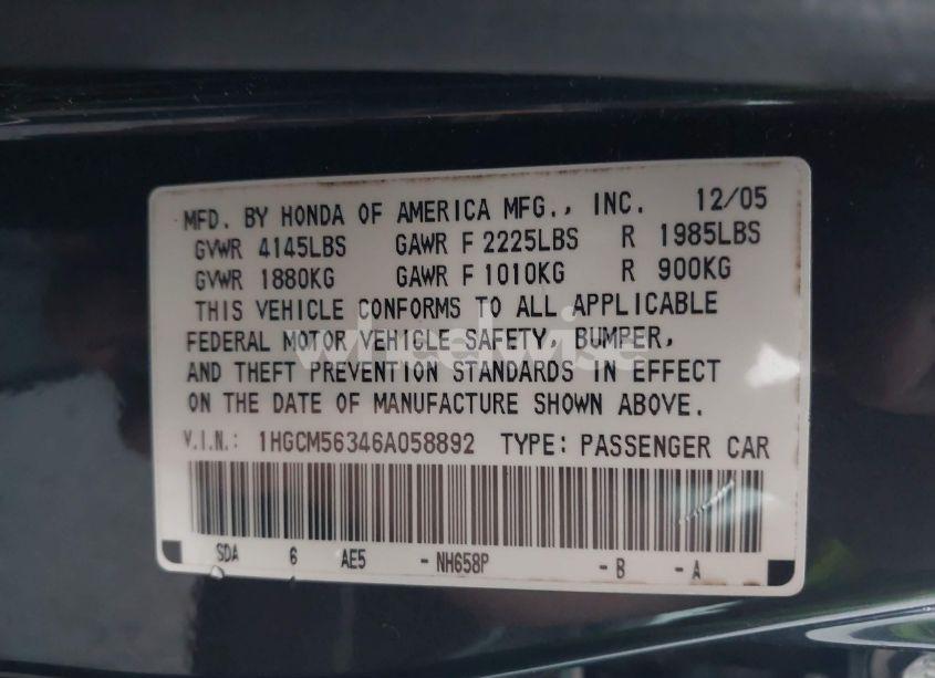 Photo 9 of 2006 Honda Accord 2.4 SE (VIN 1HGCM56346A058892)