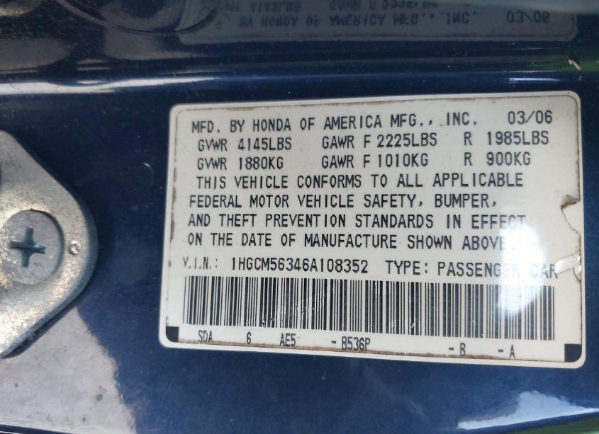 Photo 9 of 2006 Honda Accord 2.4 SE (VIN 1HGCM56346A108352)
