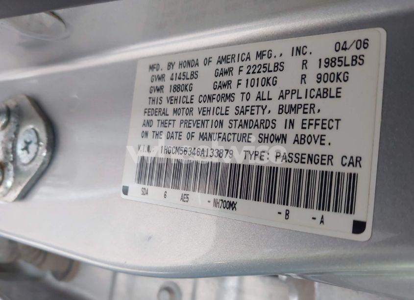 Photo 9 of 2006 Honda Accord 2.4 SE (VIN 1HGCM56346A133879)