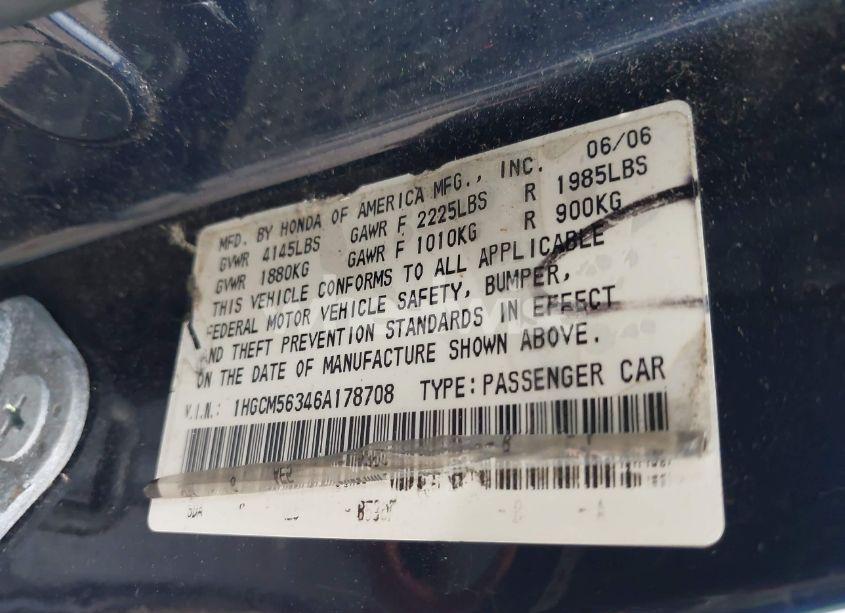 Photo 9 of 2006 Honda Accord 2.4 SE (VIN 1HGCM56346A178708)