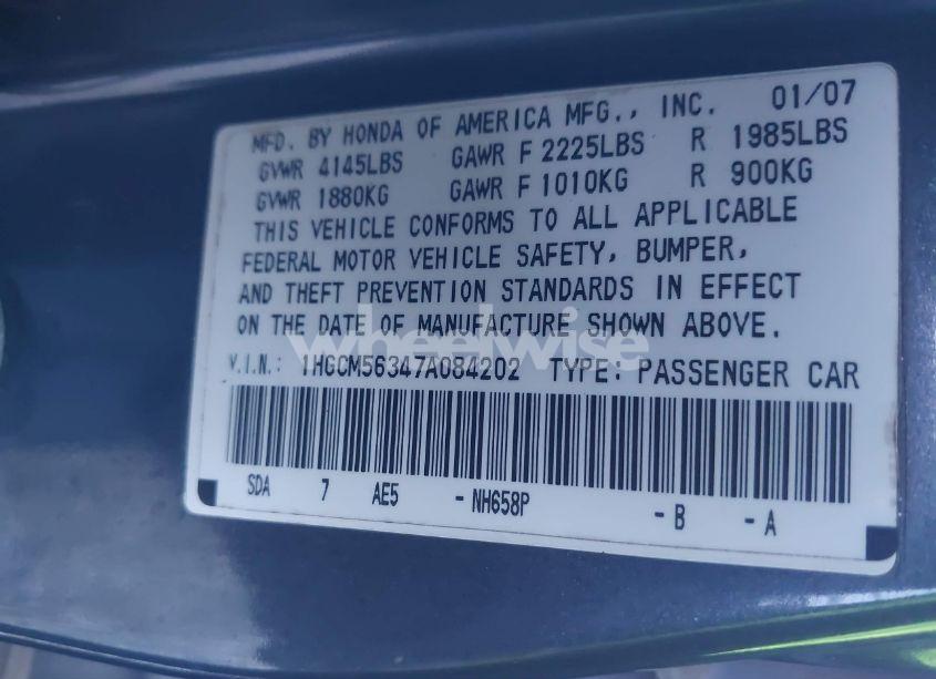 Photo 9 of 2007 Honda Accord 2.4 SE (VIN 1HGCM56347A084202)